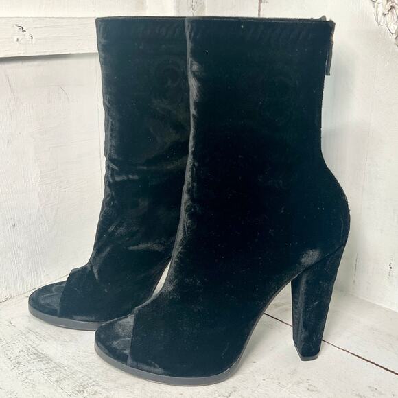 Balmain Paris Velvet Pull On Mid-Calf Peep Toe Block Heel Boots Black Women 40/9 - Picture 2 of 5